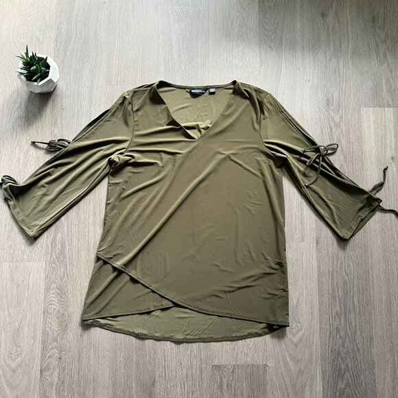 Nina Leonard Olive Green V-Neck Blouse with Open Sleeve Detail - Picture 3 of 16